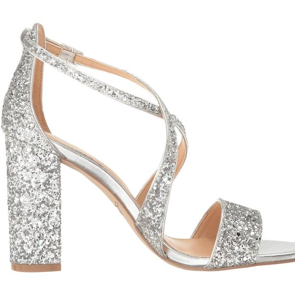 New Jewel Badgley Mischka Heel Sandals Silver Glitter - Picture 4 of 8